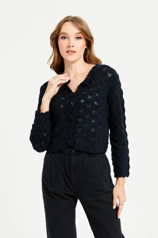 Women Black Knit Cropped Button Front Cardigan Women's smart jackets