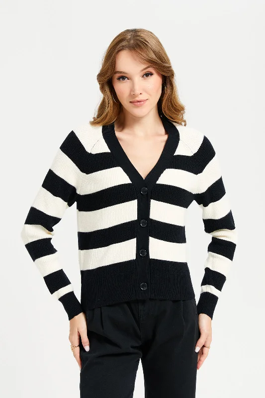 Women Beige And Black Striped Knitted Cardigan Women's summer jackets