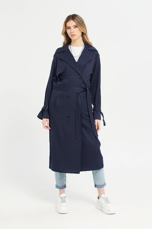 Women Navy Plain Long Casual Jacket Women's packable jackets