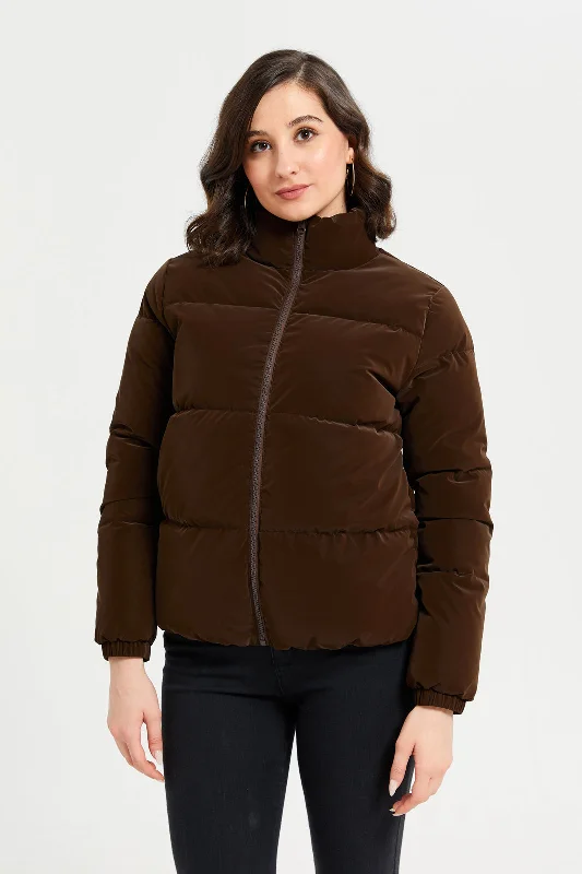 Women Brown Zip Stand Padded Puffer Jacket Women's cycling jackets