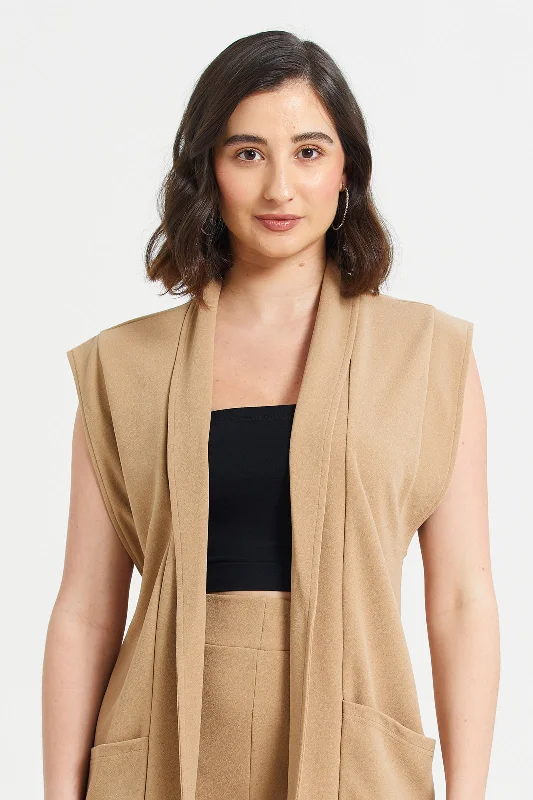 Women Beige Plain Sleeveless Jacket Women's short jackets