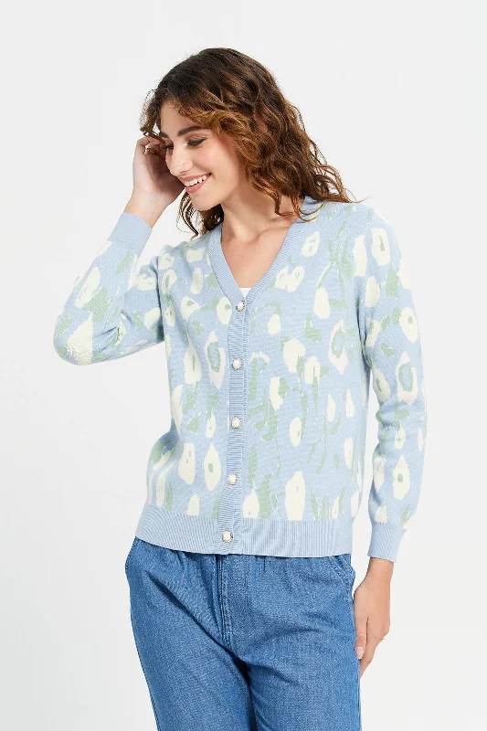 Women Blue Floral Print Knitted Cardigan Women's cotton jackets