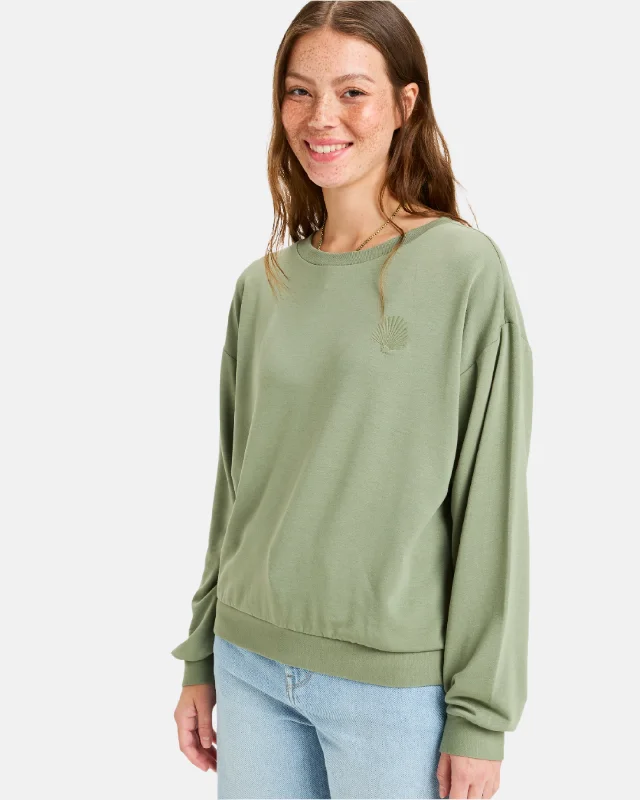 Surfing By Moonlight Pullover Sweatshirt - Oil Green Fashionable Sweatshirts for Women