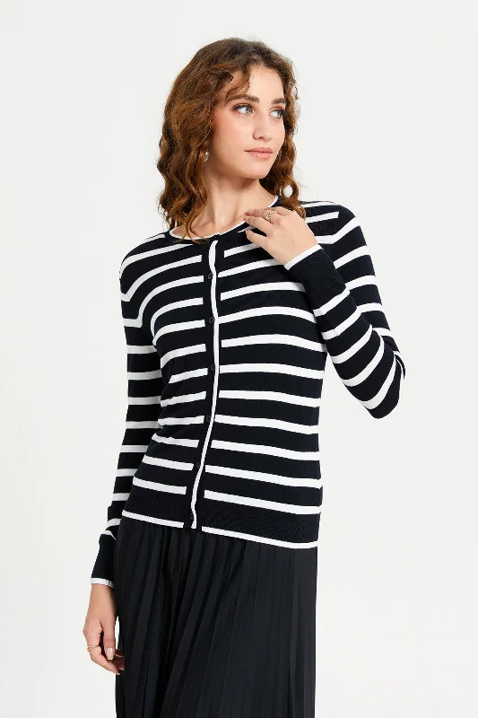 Women White And Black Striped Cardigan Women's softshell jackets