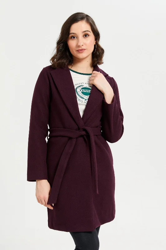 Women Burgundy Long Length Belted Coat Women's spring jackets