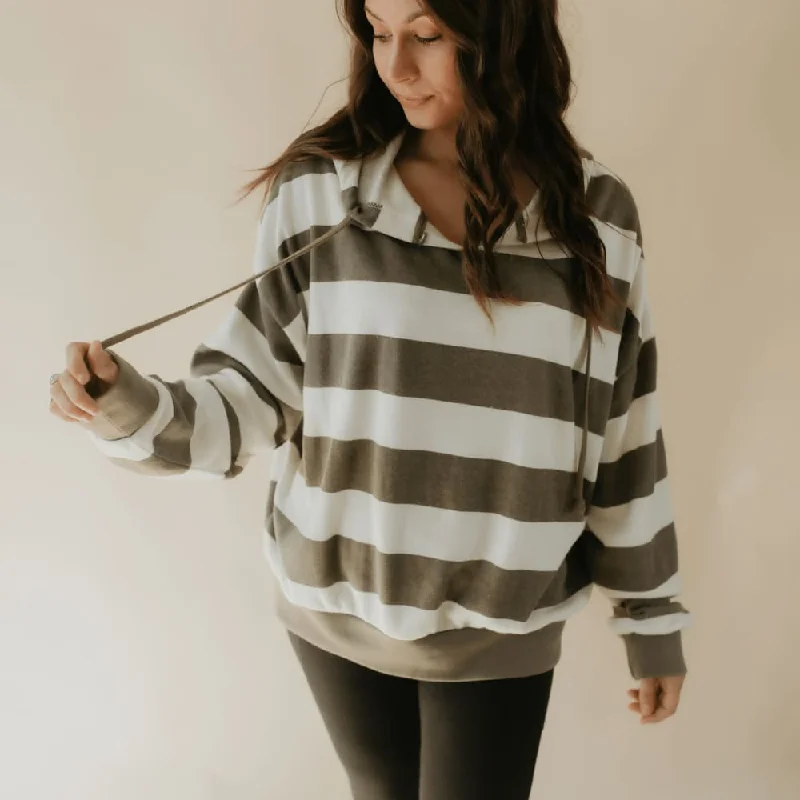 Striped Hooded Sweatshirt - Olive Long Hoodie Sweatshirt