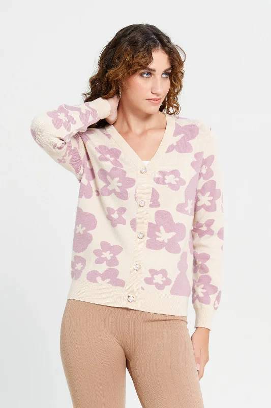 Women Beige And Lilac Floral Print Cardigan Women's autumn coats and jackets