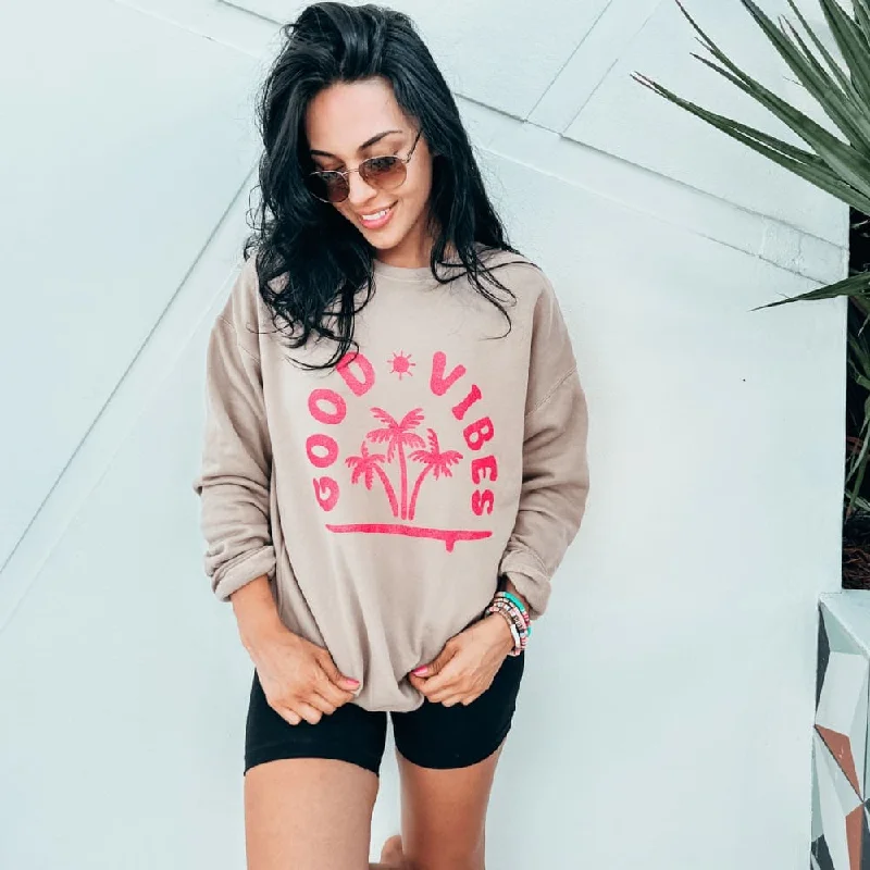 Good Vibes Sweatshirt - Tan Cozy Hoodie Pullover