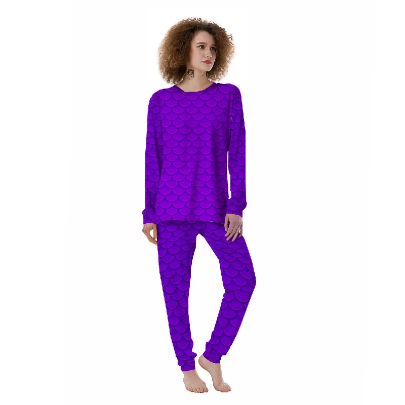 Mermaid Scales Purple Print Pattern Women's Pajamas Work-from-home pajama sets