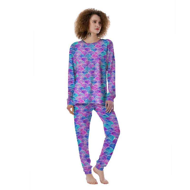 Mermaid Scales Sea Blue Print Pattern Women's Pajamas Sleepwear pajama sets