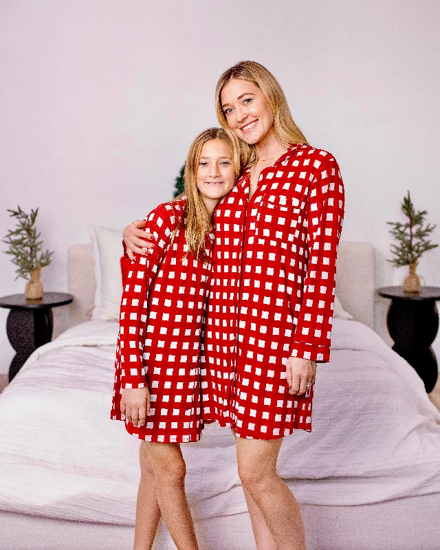 Red Check Women's Button Down Gown Nursing pajama sets