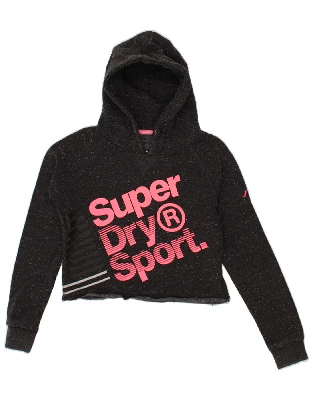 SUPERDRY Womens Crop Graphic Hoodie Jumper UK 10 Small Black Flecked Outdoor sweaters