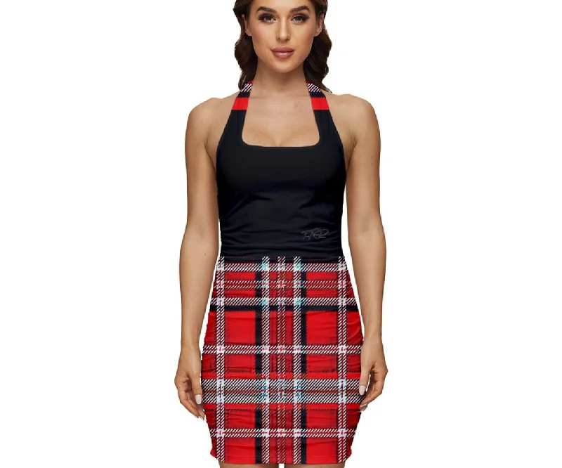 TRP Twisted Patterns 06: Digital Plaid 01-03A Designer Halter Square Neck Ruched Rayon Blend Bodycon Mini Dress Hot new arrivals in mini dresses