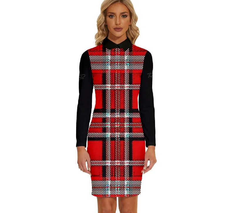 TRP Twisted Patterns 06: Digital Plaid 01-03A Designer Long Sleeve Collared Bodycon Mini Dress Must-have mini dresses for this season