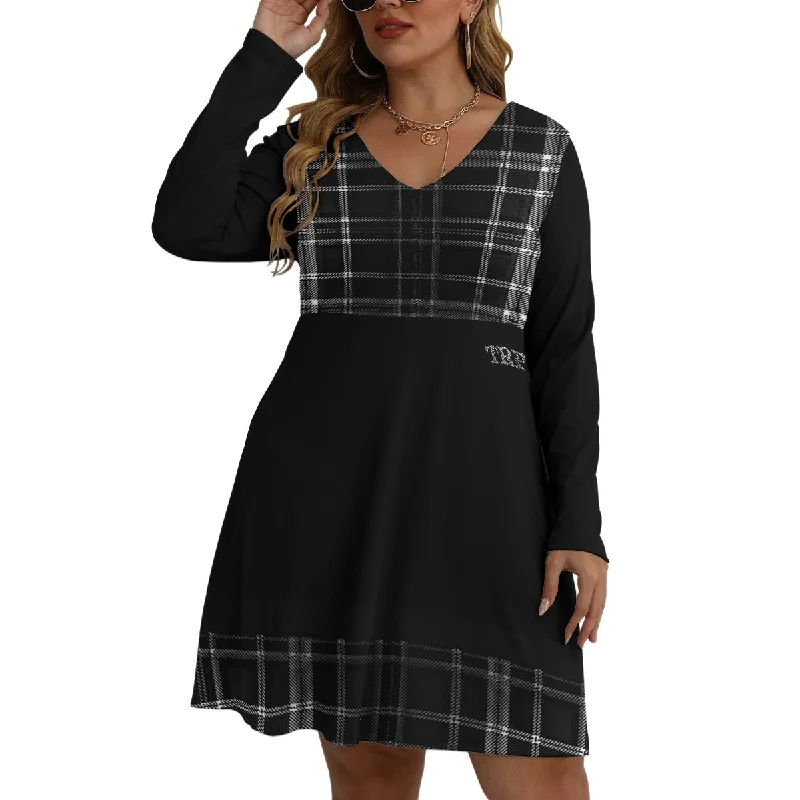 TRP Twisted Patterns 06: Digital Plaid 01-06B Designer V-neck Long Sleeve Flared Plus Size Mini Dress Affordable mini dresses