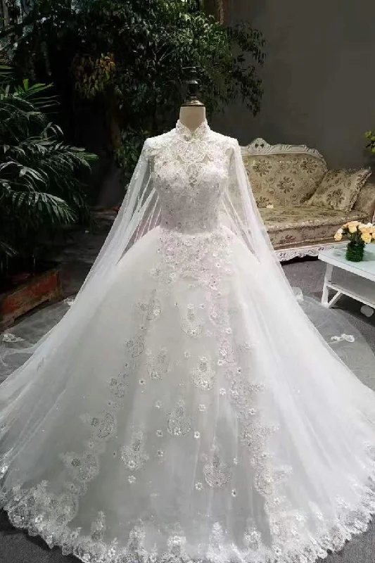 Classical Floor Length Wedding Dresses High Neck Tulle Lace Up With Sequins Appliques Long Shoulder Veils Glamorous Wedding Dress