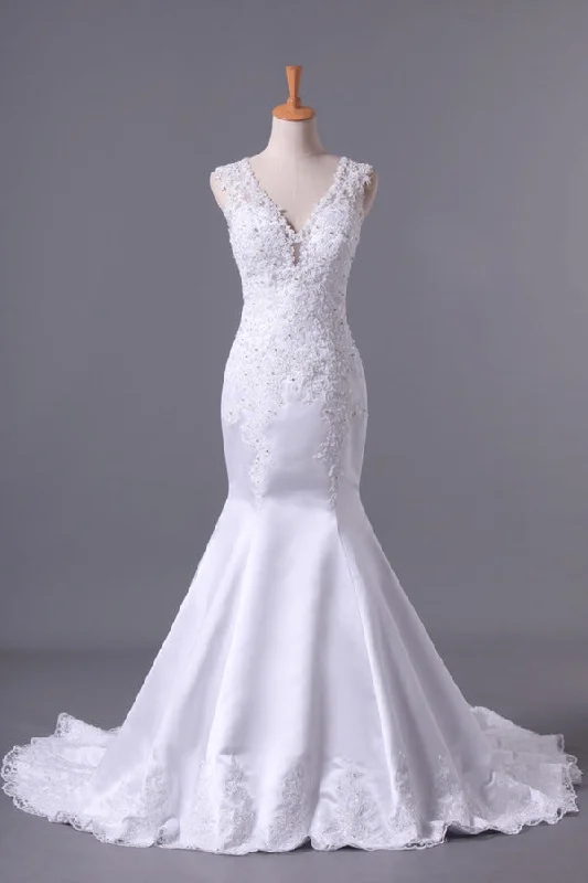 2024 Hot Wedding Dresses Mermaid V-Neck Court Train Satin With Applique Open P3F6CR7Z Silk Bridal Dress