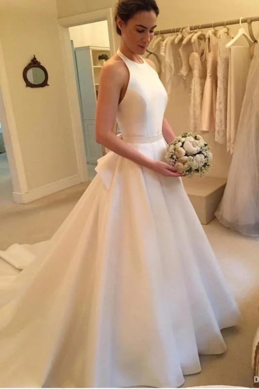 A Line Halter Satin Simple Backless Sleeveless Wedding Dress with Bow Elegant Satin Dress