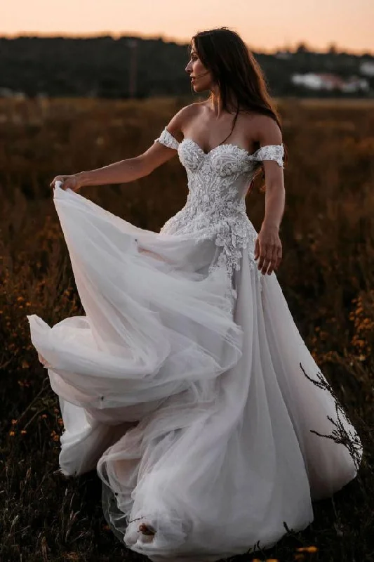 A-Line Off-the-Shoulder Tulle Wedding Dress with Lace Appliques Modern Lace Gown