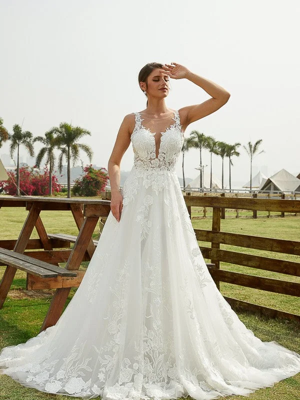 A-Line/Princess Tulle Lace Scoop Sleeveless Chapel Train Wedding Dresses Sexy Lace Gown