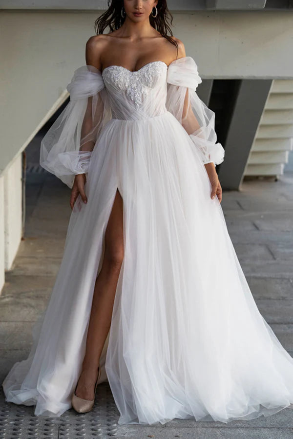 A Line Sweetheart Sticker Hall Casual Wedding Dress with Sleeves Country Style Bridal Dress Ruffle Wedding Gown