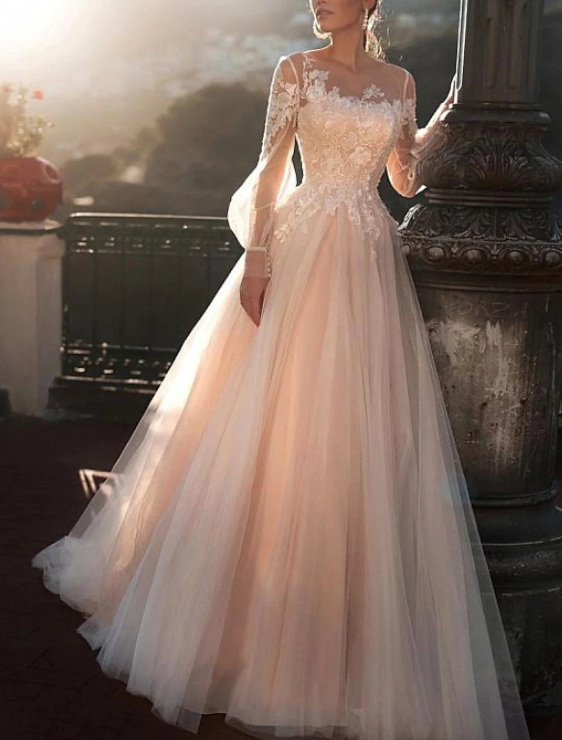 Beach Wedding Dresses in Color Wedding Dresses A-Line Illusion Neck Long Sleeve Sweep / Brush Train Lace Bridal Gowns With Embroidery Appliques Sleeveless Wedding Dress