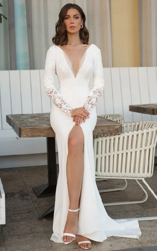 Casual V-neck Sheath Floor-length Sweep Train Long Sleeve Wedding Dress With Split Front-716021 Romantic Satin Dress