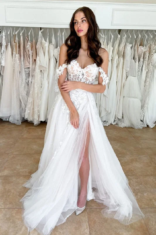 Charming A Line Off the Shoulder Tulle Wedding Dresses with Slit Sparkling Bridal Gown