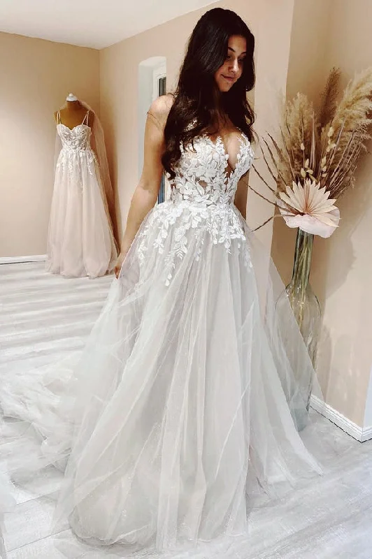 Cute A Line V Neck Tulle Wedding Dresses with Appliques Floral Wedding Gown