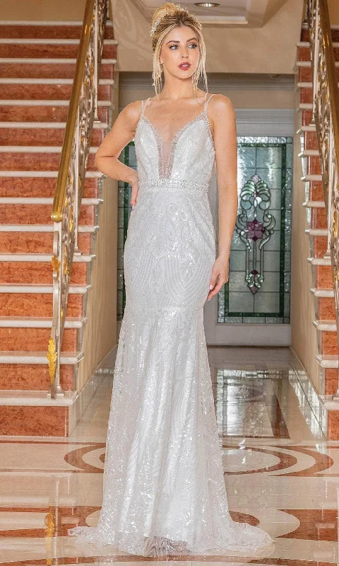 Dancing Queen 0219 - Embellished Deep V-Neck Wedding Gown Silk Wedding Gown