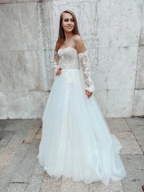 Detachable Sleeves A-line Wedding Dresses, Popular Lace Wedding Gowns, 2022 Newest Long Prom Dresses Boho Wedding Gown