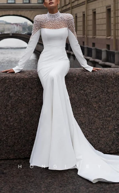 H1554 - Sexy Satin Trumpet High Neck Empire Long Sleeve Beaded With Train Wedding Dress Off-shoulder Gown