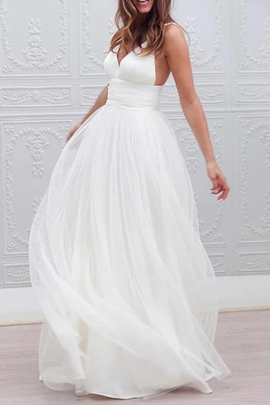 K1358 - V-Neck Spaghetti Straps Ruched Tulle A-Line Long Wedding Dress Soft Wedding Gown