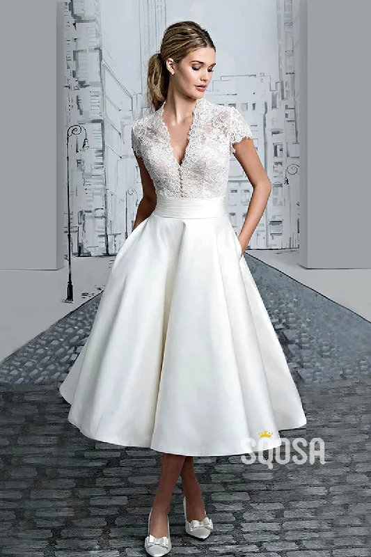 Sexy V-neck Cap Sleeves Lace Bodice Tea Length Beach Wedding Dress with Pockets QW2477 Sleek Wedding Dress