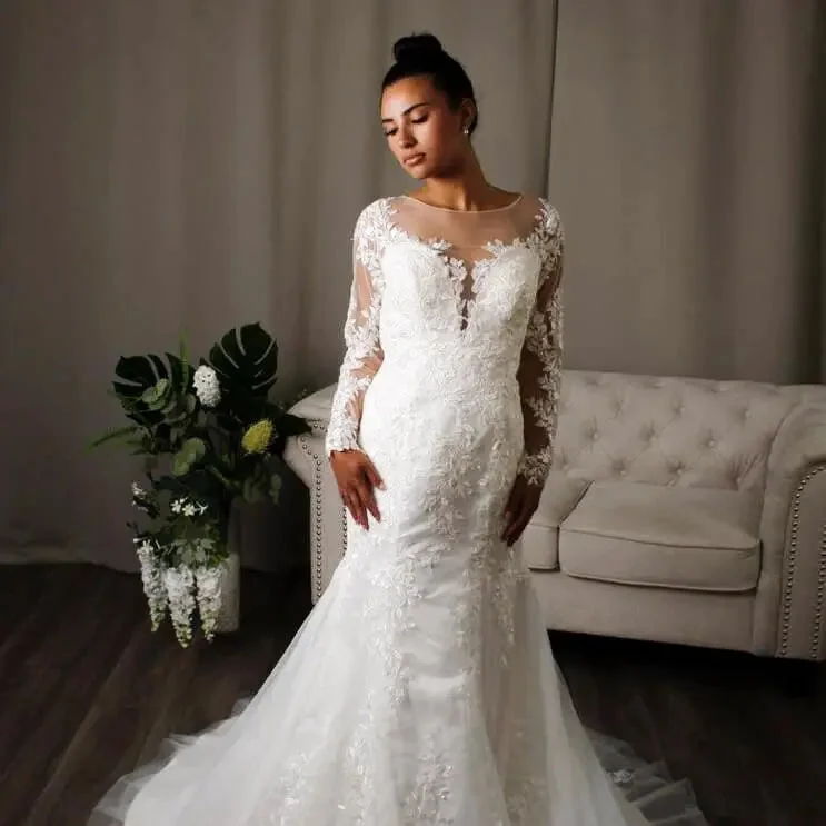 Estella – Long Sleeve Lace Mermaid Bridal Wedding Dress Full Skirt Gown