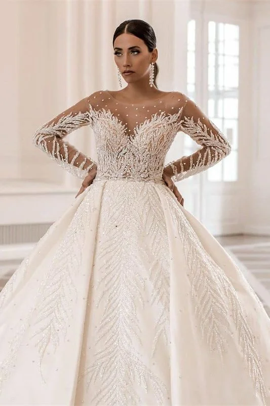 Glamorous Long Sleeve Bateau A-Line Satin Wedding Dress with Crystal and Pearl Off-shoulder Bridal Dress