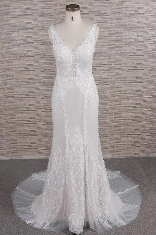 Latest V-neck Appliques Tulle Mermaid Wedding Dress Beautiful Lace Gown