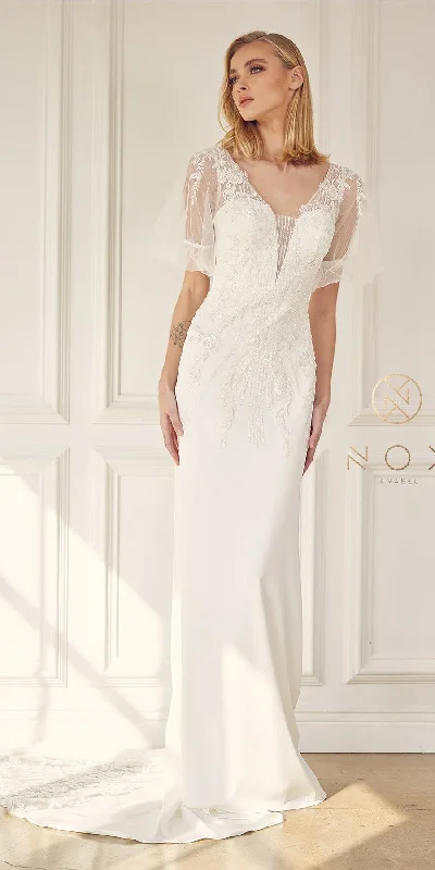 Nox Anabel JE927 Long Fitted Wedding Gown with Illusion Sleeves Elegant Lace Gown