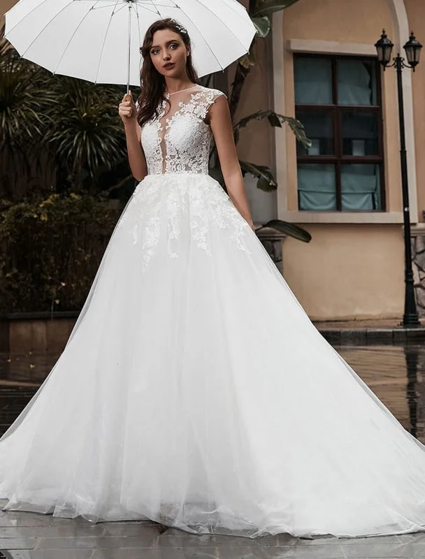 Pricess Wedding Dress Lace Bodice Tulle Satin Fabric Sweep Train Applique Wedding Gown Exclusive Sexy Satin Gown