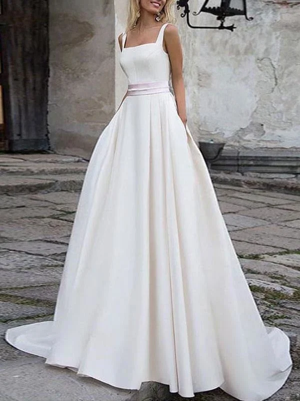 Simple Wedding Dress Satin Fabric Square Neck Sleeveless Sash A Line Bridal Gowns Classic Lace Gown