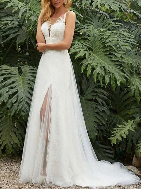 Simple Wedding Dress Sheath Jewel Neck Sleeveless Split Front Bridal Gowns Formal Wedding Dress