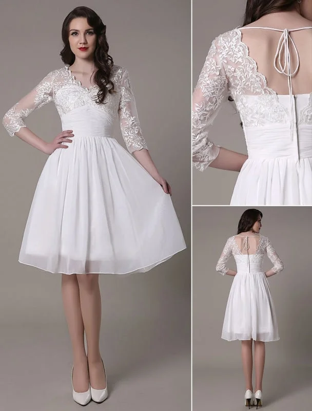 Simple Wedding Dressses Chiffon V Neck Lace A Linepleated Bridal Dress Exclusive Elegant A-line Gown