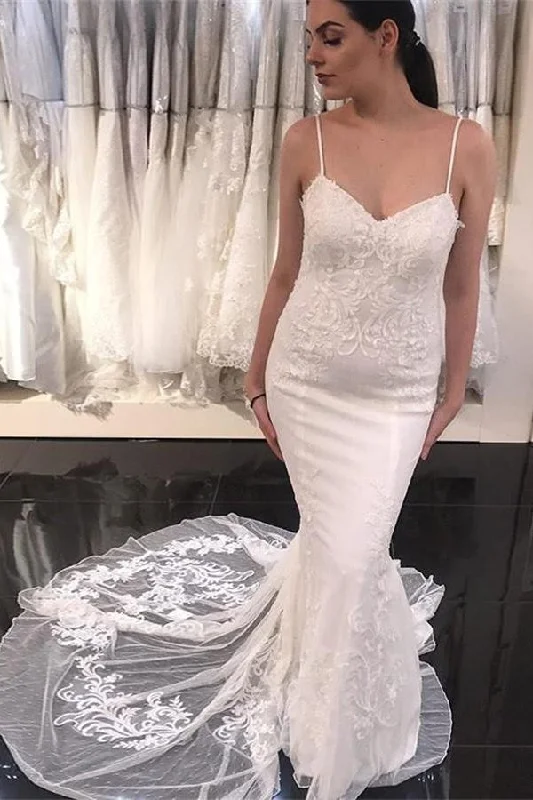 Ivory Spaghetti Straps Sheath Long Lace Bridal Dress Wedding Dress White Lace Gown