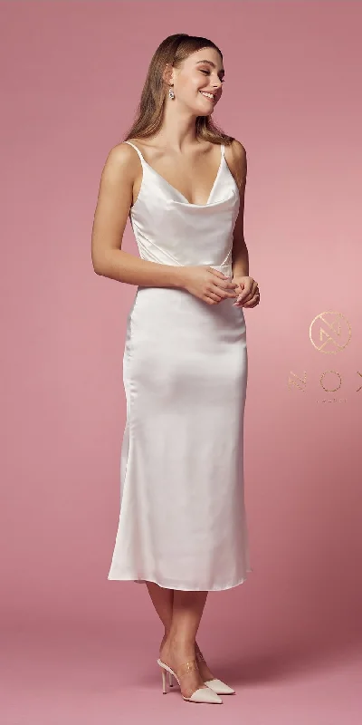 Nox Anabel R1027W Tea Midi-Length Wedding Gown with Cowl Neckline Simple Wedding Gown