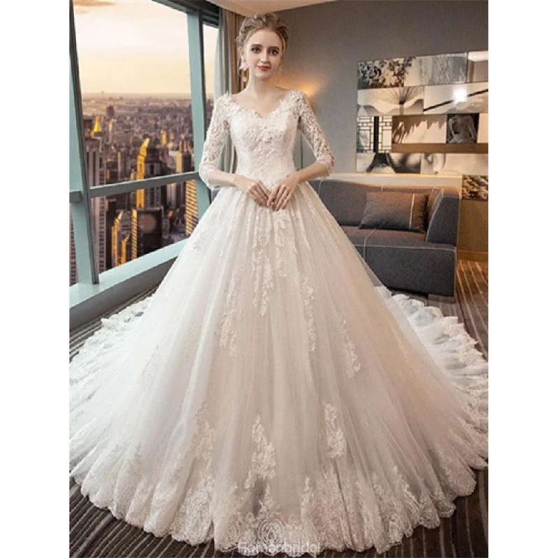 Unique 3/4 Sleeves Open-Back Lace Appliques Wedding Dresses With Train, WD0422 Beaded Wedding Gown