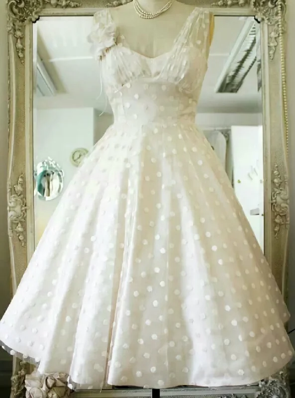 Vintage Polka Dots Tea Length V-neck Backless Wedding Dress Satin Bridal Gown