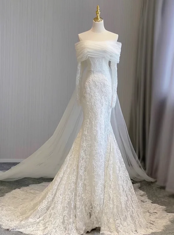 White Mermaid Lace Tulle Long Sleeve Wedding Dress Full Length Gown