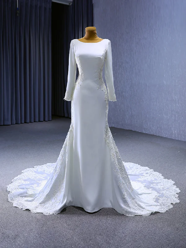 White Mermaid Long Sleeve Lace Wedding Dress Embroidered Wedding Dress