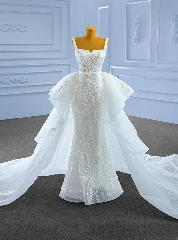 White Mermaid Tulle Appliques Wedding Dress With Detachable Train Illusion Lace Gown