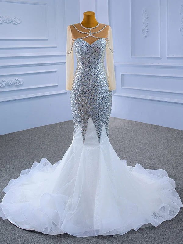 White Mermaid Tulle Crystal Beading Long Sleeve Wedding Dress Luxury Lace Gown